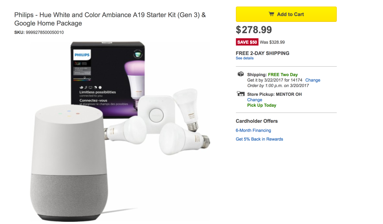 Best Buy is offering the Philips Hue White/Color Smart Bulb Starter Kit ... Philips hue google home